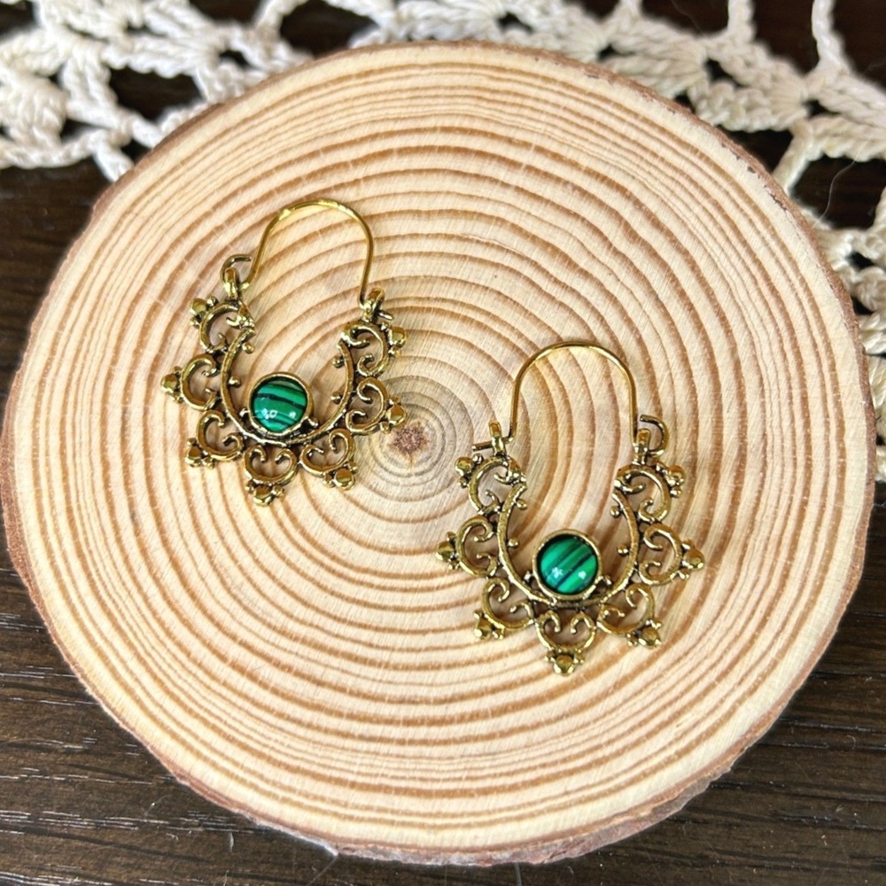Boho Gold Tone Tribal Hoop Earrings Malachite Gemstone Dangle Bohemian Mandala